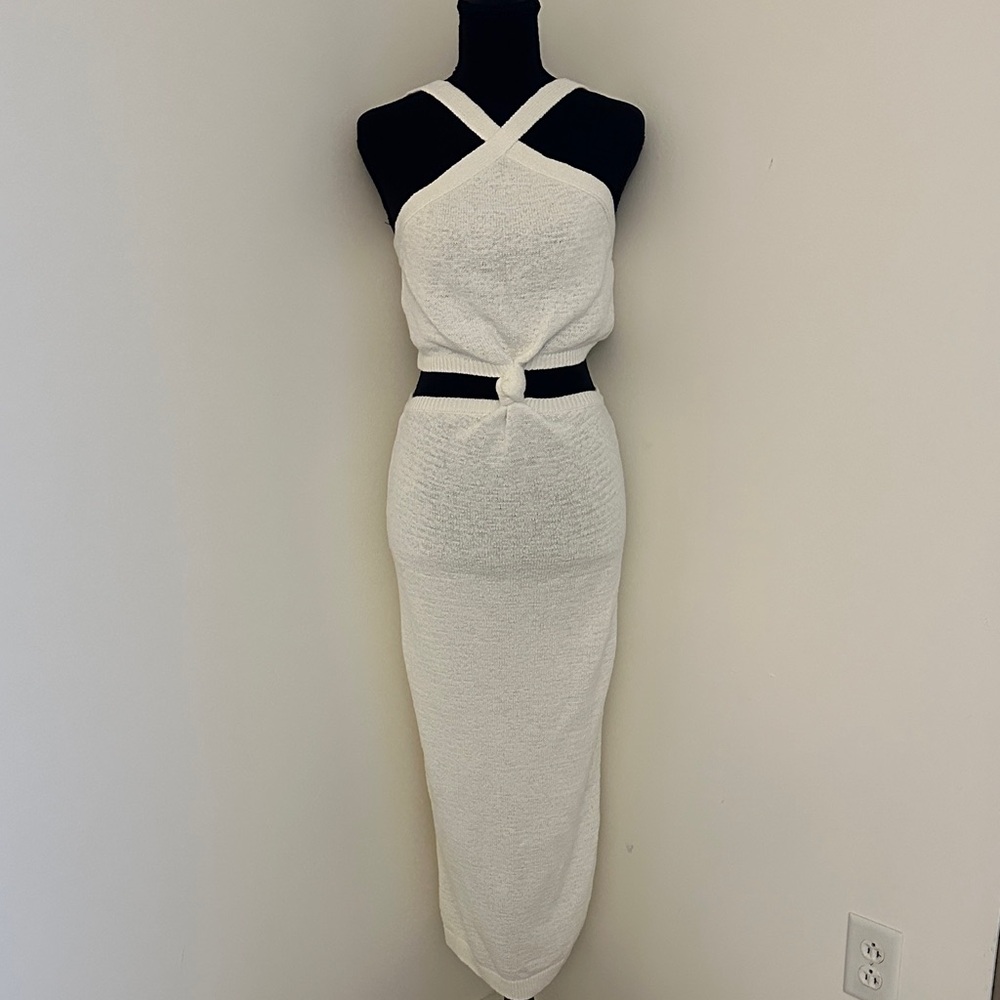 Sleeveless White Knit Halter Midi Dress
